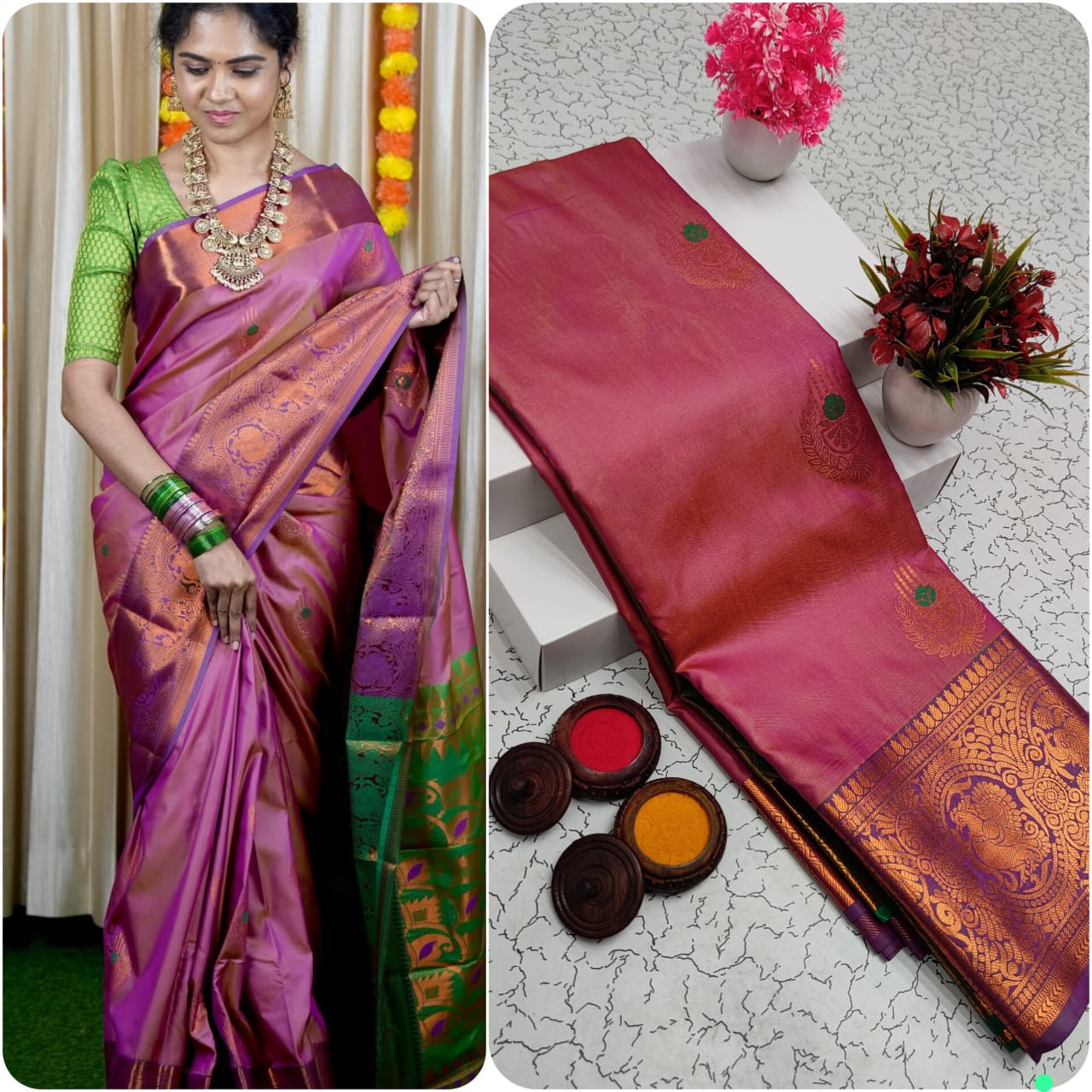 Shop premium Kanchipuram Handloom Soft Silk Saree with copper zari border, rich meena pallu & contrast blouse. Elegant saree for weddings & festivals.